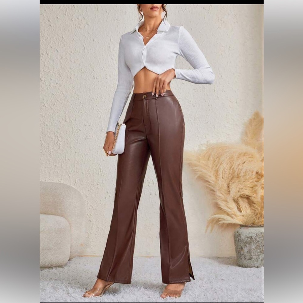 SHEIN Brown Faux Leather Flare Pants - Picture 4 of 8